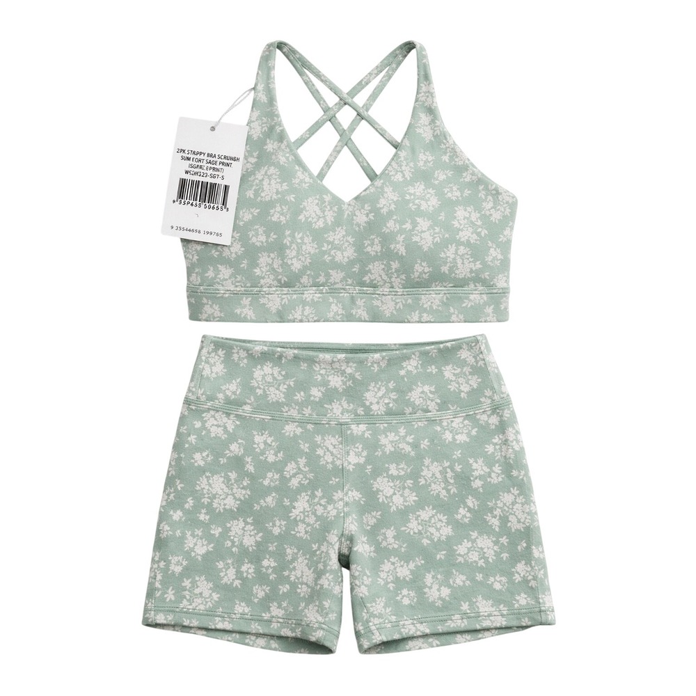 Wilo The Label Strappy Bra and Scrunch Shorts Set Sage Floral Green Small NWT - Picture 1 of 3